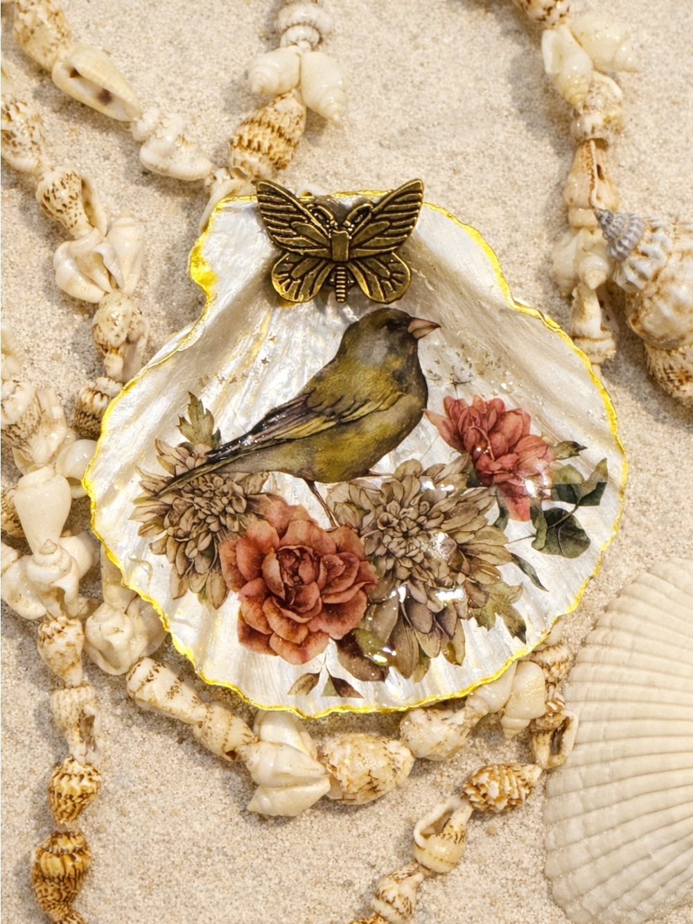 Hand made Shell Magnet/Trinket dish with Bird & Floral Motif with butterfly 3”